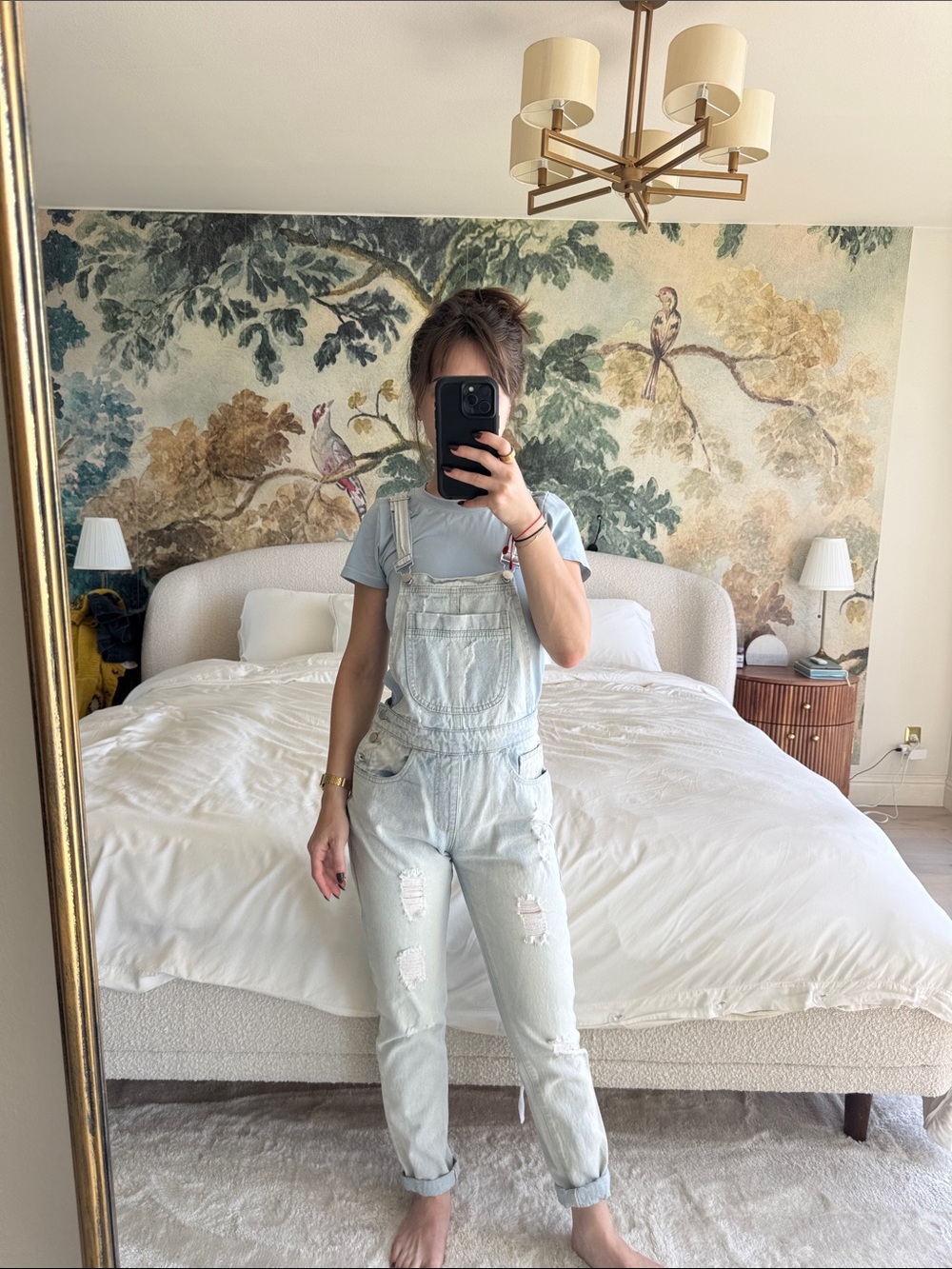 Light Wash Women's Denim Overalls - Casual Ripped Jeans